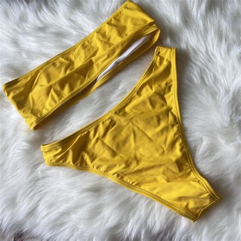 Strapless Yellow Bikini Set Removable Padding Top Depop