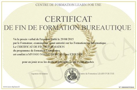 CERTIFICAT DE FIN DE FORMATION BUREAUTIQUE