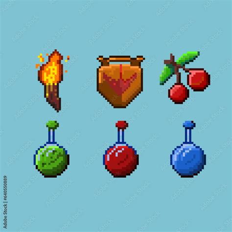 Pixel Art Sets Of Dugeon Items Torchshieldred Cherrygreen Potion