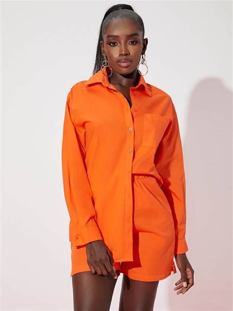 Shein Neon Orange Pocket Front Blouse And Shorts Orange Blouses Outfit Orange Blouse Two Piece