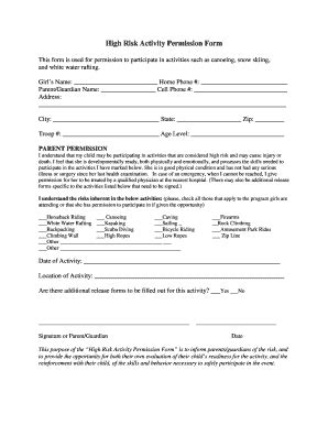 Fillable Online High Risk Activity Permission Form Fax Email Print