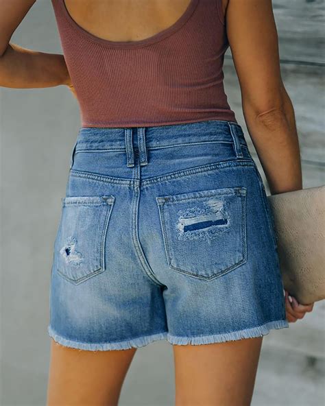 Onlyshe Womens High Waisted Ripped Denim Shorts Blue Casual Summer