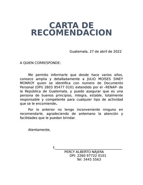 Carta De Recomendacion Ejemplo Word Ejemplo Carta De Recomendacion