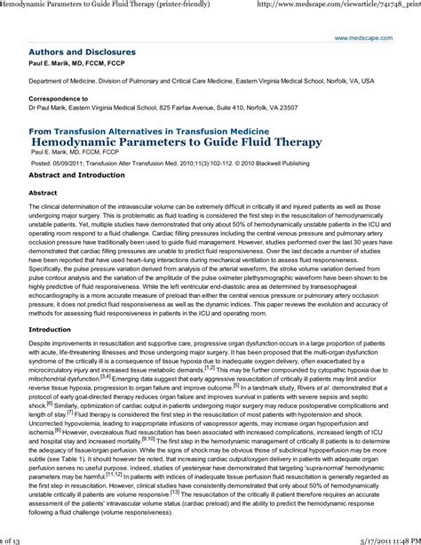 Pdf Hemodynamic Parameters To Guide Fluid Therapy Printer Friendly