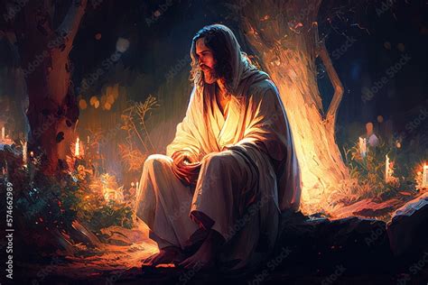 Jesus Christ Praying On The Mount Of Olives Ai Stock Illustration