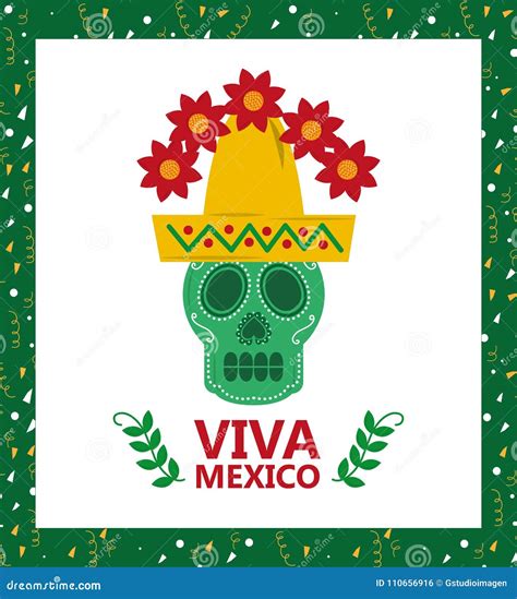 Viva Mexico Skull Hat and Flower Card Stock Vector - Illustration of ...
