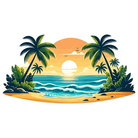 Tropical Beach Sunset Illustration Vibrant Colors Perfect For Travel