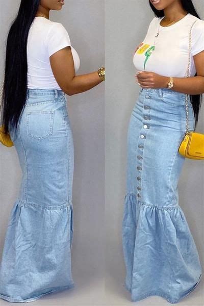 Button Front Fishtail Denim Skirt In Fashion Clothes Women