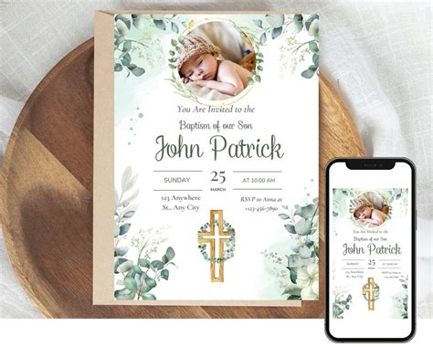 Modern Christening Invitation Boy Baptism Invitation Template Green Christening Invite Template