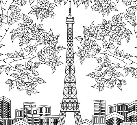 Coloriage Tour Eiffel Arbres Fleurs Batiments De Paris JeColorie