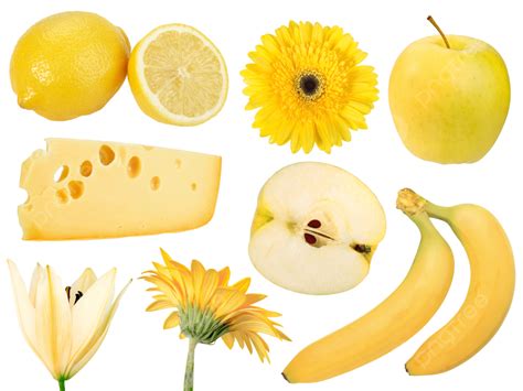 Set Of Yellow Fruits Food And Flowers Isolated Lemon Set Closeup Png