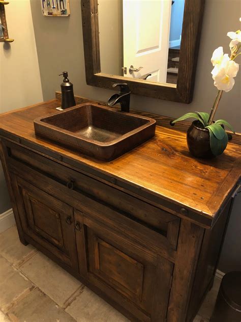 Skirted Vessel Hammered Copper Sink On A Wooden Vanity Copper Sink