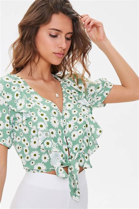 Daisy Print Tie Hem Top Forever 21 In 2022 Forever21 Tops Tops