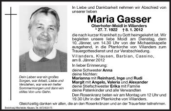 Traueranzeigen Von Maria Gasser Trauer Bz