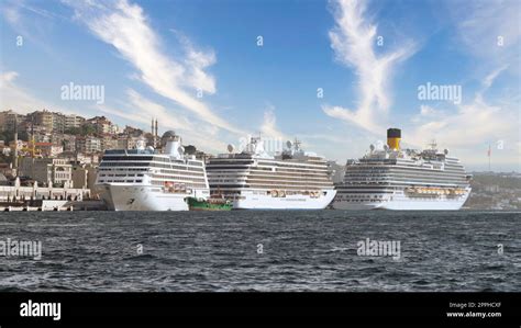 Three Huge Cruise Ship Docked At Galataport Bosphorus Karakoy