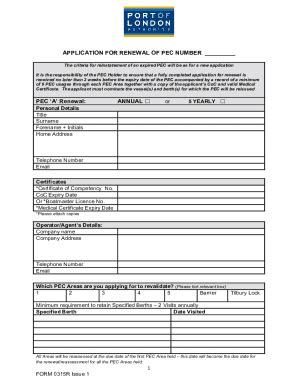 Fillable Online APPLICATION FOR RENEWAL OF PEC NUMBER POLA2012 Fax