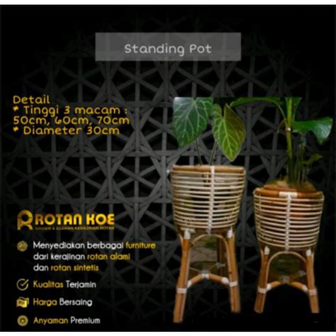 Jual Standing Pot Rotan Finishing Glossy Tempat Bunga Dekoras Sudut