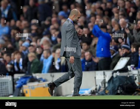 Manchester City Manager Pep Guardiola Looks Dejected During The Uefa Champions League Match At