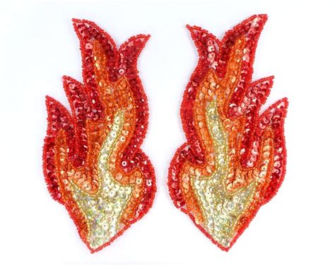 Flame Appliques Holographic Red Orange Fire Sequin Beaded Mirror Pair