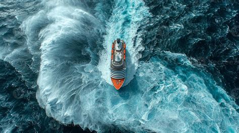 massive cruise ship cuts through turbulent ocean waters as spiraling