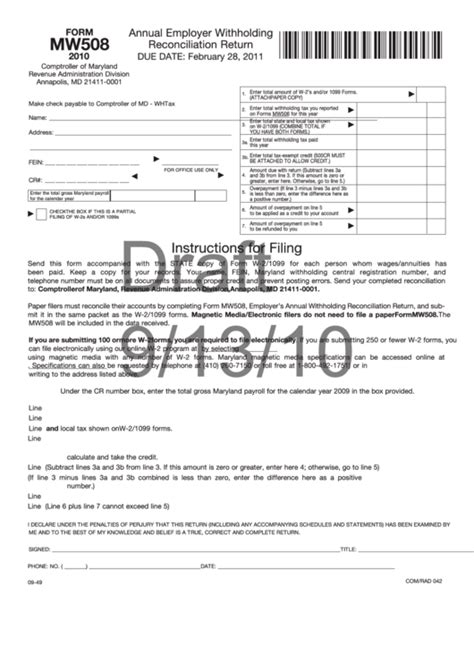 Fillable Form Mw508 Draft Annual Employer Withholding Reconciliation