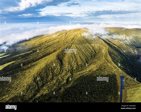 Aerial View Of Peak Caldeira Do Faial At Faial Island At Sunrise