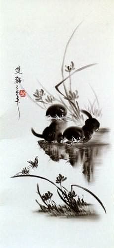 Kittens Charcoal Drawing Chinese Artwork