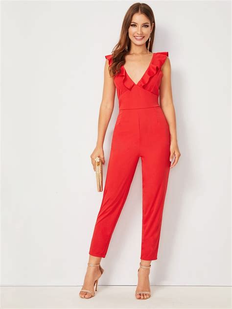 Solid Deep V Neck Ruffle Trim Jumpsuit Jumpsuit Pattern Jumpsuit