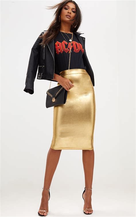 Gold Metallic Midi Skirt Skirts Prettylittlething