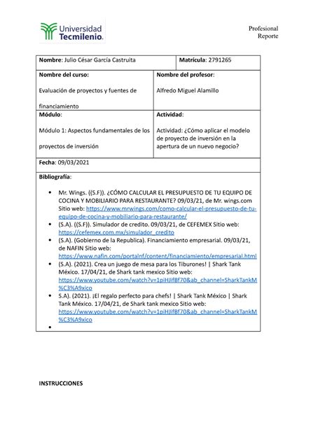 Actividad Evaluaci N De Proyectos Y Fuentes Del Financiamiento