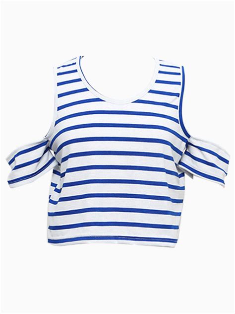 Choies Blue And White Stripe Off Shoulder Crop Top T Shirt 13