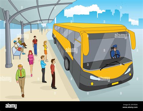 Cartoon illustration of a bus station Stock Vector Image & Art - Alamy