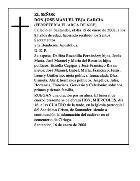 DON JOSE MANUEL TEJA GARCIA Esquela Necrológica El Diario Montañés