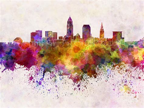 Cleveland Skyline In Watercolor Background Painting By Pablo Romero