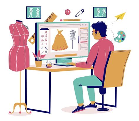 Fashion Designer Cartoon Character Working On Laptop Stock Illustration