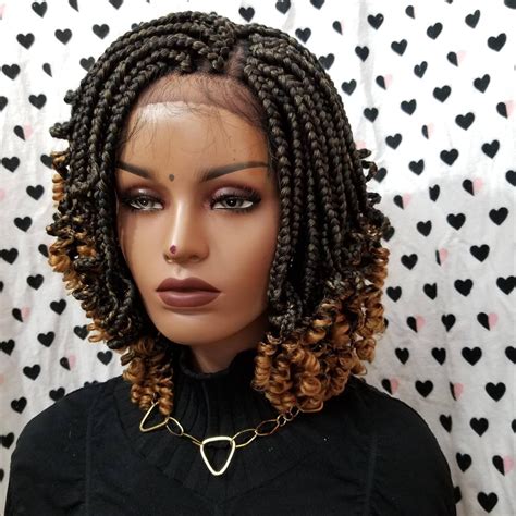 Short Curly Wig Handmade Box Braids Curls Ombre Braided Lace Front