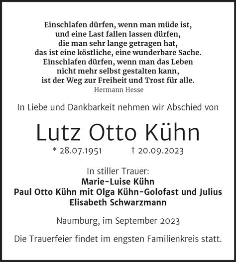 Traueranzeigen von Lutz Otto Kühn abschied nehmen de