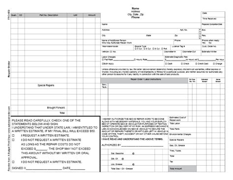 Automotive Repair Order Template Free Printable Templates