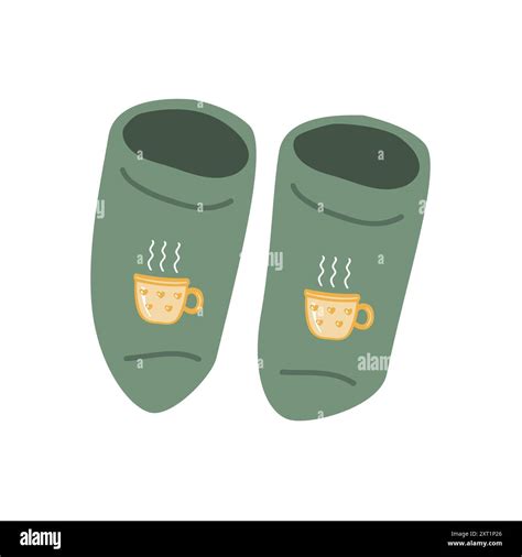 Cozy Short Green Socks With Hot Tea Or Coffee Mugs Design Vector