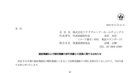 ツナググループ・ホールディングス 6551 ：通期連結業績および個別業績の前年実績との差異に関するお知らせ 2022年11月11日適時開示