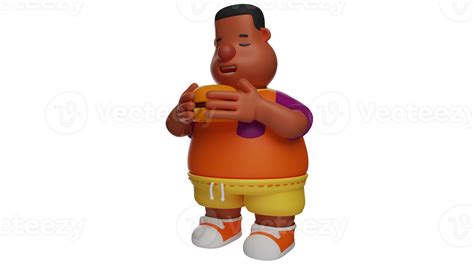 3d Illustration Boy 3d Cartoon Character Fat Guy Holding A Big Burger