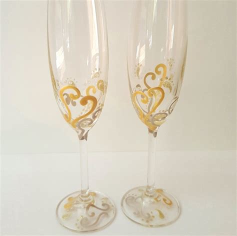 2 Hand Painted Gold And Silver Hearts Champagne Flutes Wedding Champagne Glasses Anniversary