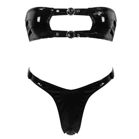 Choomomo Womens Pvc Leather Metallic Adjustable Bikini Set Tube Bra