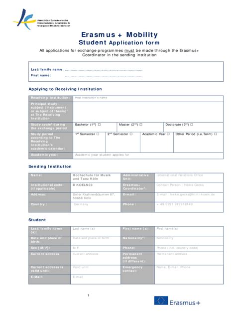 Fillable Online Erasmus Student Application Form Fax Email Print