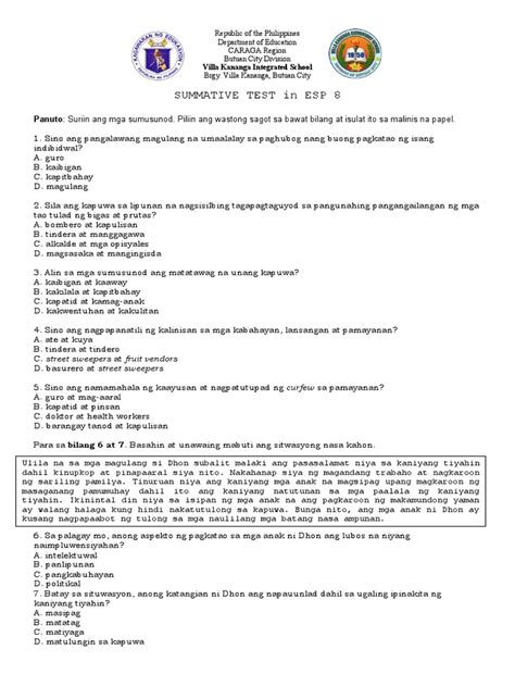 2nd Quarter Summative Test Esp8 Pdf