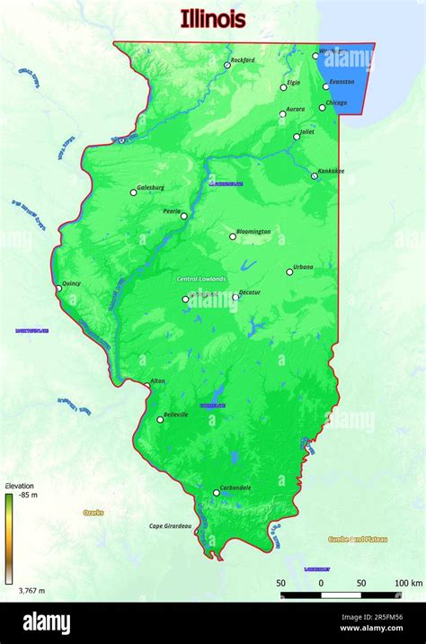 La Mappa Fisica Dell Illinois Mostra Le Caratteristiche Di Forma