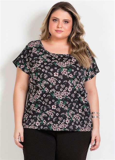 Blusa Floral Poá Mangas Curtas Plus Size Marguerite