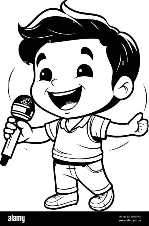 Boy Singing Black And White Cartoon Illustration Of A Kid Singing