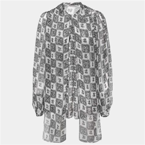 Dolce And Gabbana Monochrome Floral Grid Print Silk Tie Detail Blouse S