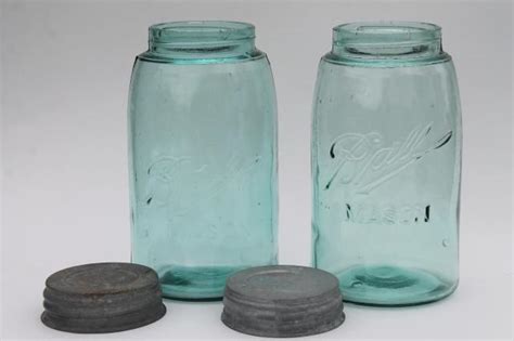 Vintage Ball Mason Canning Jars Strong Shoulder Slope Blue Glass W Zinc Metal Lids